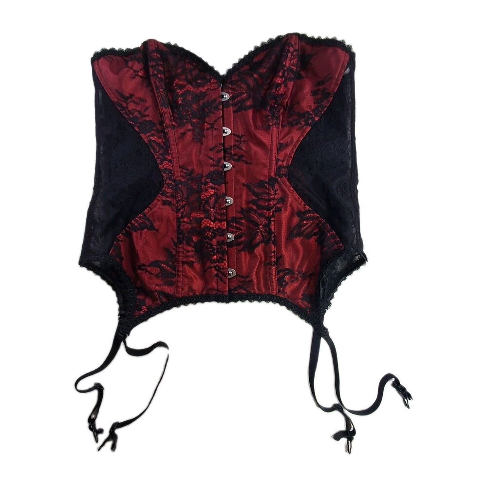 Adore Me Sz L Red Black Lace Corset Bustier Garter Lingerie Goth Sexy Halloween